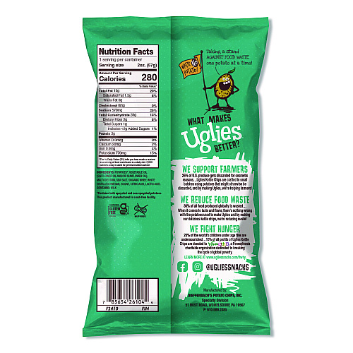 Uglies Kettle Potato Chips, Salt and Vinegar, 2 oz Bags, 24/Carton (DFN26104)