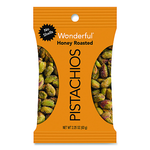 Wonderful No Shells Honey Roasted Pistachios, 2.25 oz Bags, 8/Box (PAR91086)