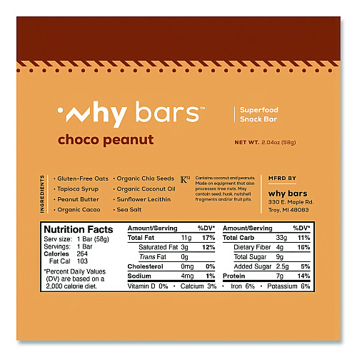 Why Bars Superfood Snack Bar, Choco Peanut, 2.04 oz Bar, 12/Box (WHY16204)