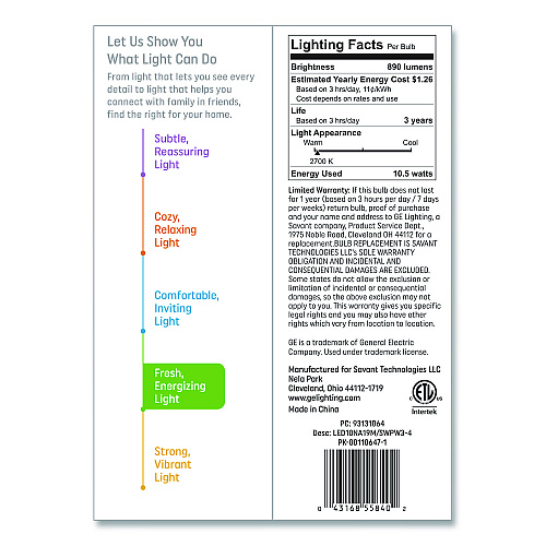 GE Classic LED SW Non-Dim A19 Light Bulb, 10.5 W, Soft White, 4/Pack (93131064)