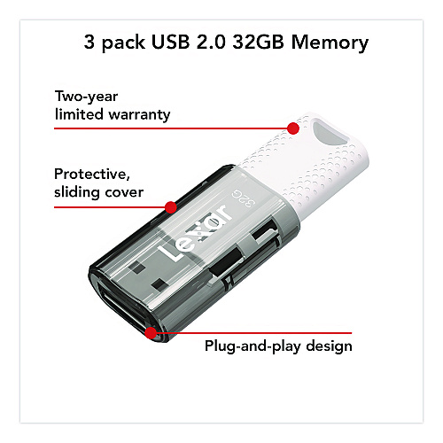 Lexar JumpDrive S60 USB 2.0 Flash Drive, 32 GB, Gray/White, 3/Pack (LJDS6032GB3N)