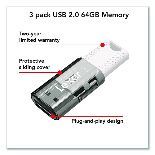 Lexar JumpDrive S60 USB 2.0 Flash Drive, 64 GB, Gray/White, 3/Pack (LJDS6064GB3N)