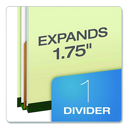 Pendaflex Reinforced Pressboard Classification Folders, 1.75" Expansion, 1 Divider, 4 Fasteners, Letter Size, Green Exterior, 10/Box (17172)