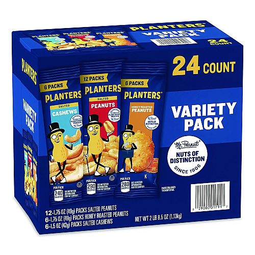Planters Salted Nuts Variety Pack, Assorted Flavors, 1.5 oz/1.75 oz Packs, 24/Carton (884624)
