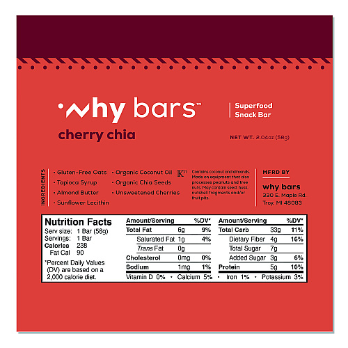 Why Bars Superfood Snack Bar, Cherry Chia, 2.04 oz Bar, 12/Box (WHY16205)