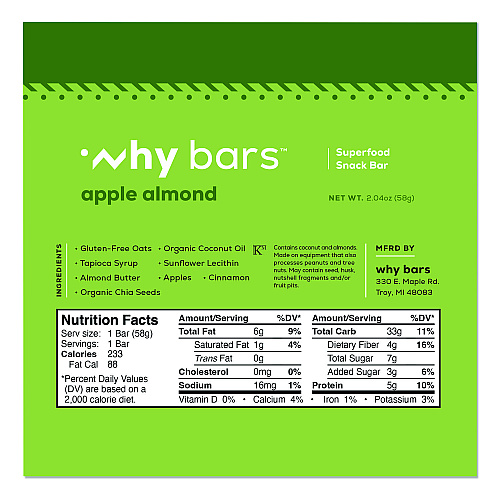 Why Bars Superfood Snack Bar, Apple Almond, 2.04 oz Bar, 12/Box (WHY16208)