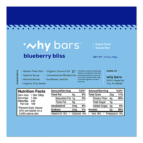 Why Bars Superfood Snack Bar, Blueberry Bliss, 2.04 oz Bar, 12/Box (WHY16209)
