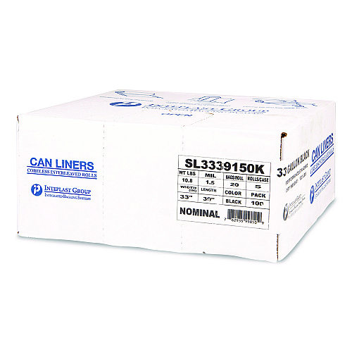 Inteplast Group Low-Density Commercial Can Liners, 33 gal, 1.5 mil, 33" x 39", Black, Interleaved Roll, 20 Bags/Roll, 5 Rolls/Carton (SL3339150K)