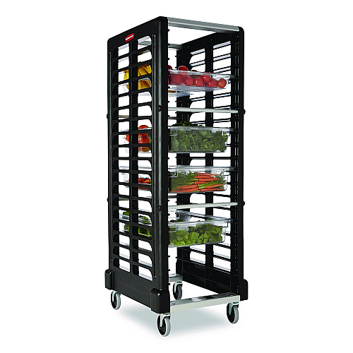 Rubbermaid Commercial End Loader Rack for Food Boxes and Sheet Pans, 18 Rack, Plastic, 23.75" x 28.75" x 67.88", Black (FG332000BLA)