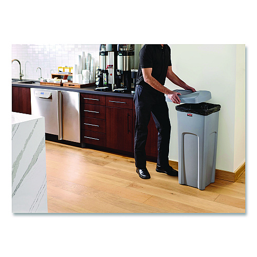 Rubbermaid Commercial Universal Square Trash Can with Swing Lid, 23 gal, Plastic, Gray (2143862)