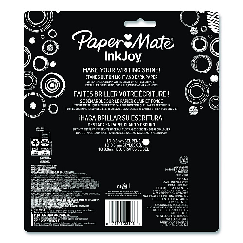 Paper Mate InkJoy Metallic Gel Pen, Retractable, Medium 0.8 mm, Assorted Ink, Assorted Barrel, 10/Pack (2208638)