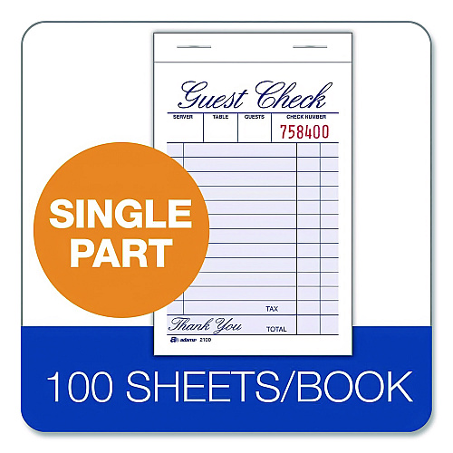 Adams One-Part Guest Check Pad, One-Part (No Copies), 3.35 x 4.94, 100 Forms/Pad, 12 Pads/Pack (210012)