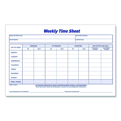 Adams Weekly Time Sheets, Two-Part Carbonless, 8.5 x 5.5, 100 Forms Total (NC9507)