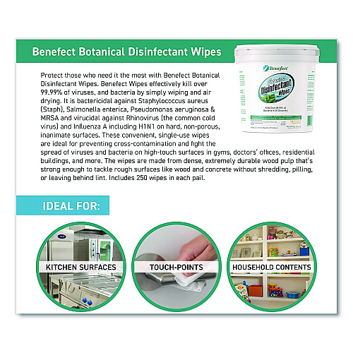 Benefect Botanical Disinfectant Wipes, 6 x 7, Light Lemon and Thyme, 250/Bucket (20376)