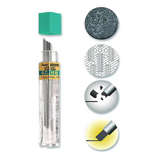 Pentel Super Hi-Polymer Lead Refill, 0.7 mm, HB, Black, 12 Leads/Tube, 3 Tubes/Pack (L50BP3HBK6PK)