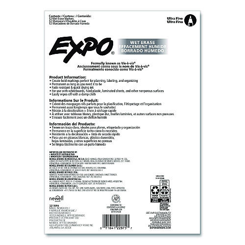 EXPO Wet Erase Markers, Ultra Fine Needle Tip, Assorted Colors, 12/Pack (2211351)
