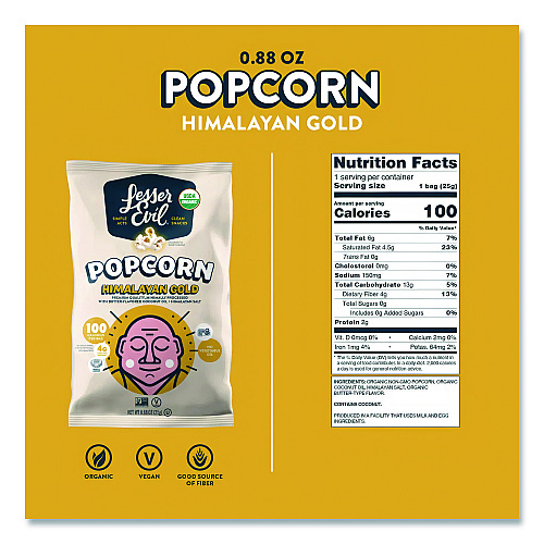 LesserEvil Snack Organic Himalayan Gold Popcorn, 0.88 oz Bag, 18/Carton (LSN00691)