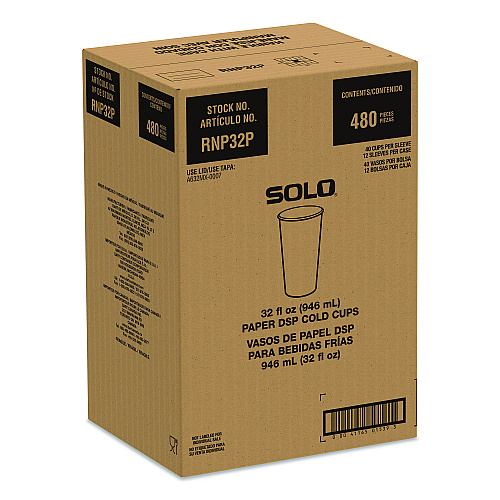 SOLO Double Sided Poly (DSP) Paper Cold Cups, 28 oz to 32 oz, White, 40 Cups/Sleeve, 12 Sleeves/Carton (RNP32P2050)