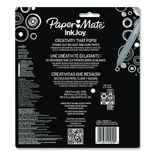Paper Mate InkJoy Gel Bright Gel Pen, Retractable, Medium 0.7 mm, Assorted Ink, Assorted Barrel, 10/Pack (2173764)