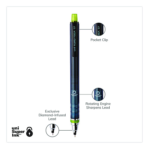 uni-ball KuruToga Mechanical Pencil with Tube of Diamond Lead, 0.7 mm, HB (#2), Black Lead, Black/Green Barrel (1858549)