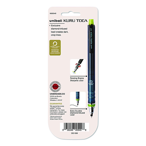 uni-ball KuruToga Mechanical Pencil with Tube of Diamond Lead, 0.7 mm, HB (#2), Black Lead, Black/Green Barrel (1858549)