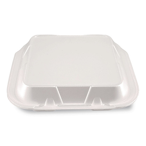 Plastifar Foam Hinged Lid Containers, 9 x 9 x 3, White, Foam, 200/Carton (12084)