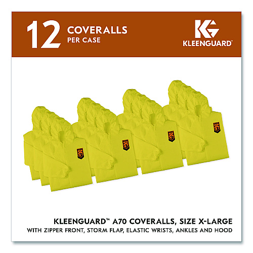 KleenGuard A70 Chemical Spray Protection Coveralls, Elastic Wrists, Ankles, Hood, XL, Yellow, 12/Carton (09814)