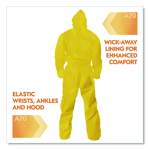 KleenGuard A70 Chemical Spray Protection Coveralls, Elastic Wrists, Ankles, Hood, XL, Yellow, 12/Carton (09814)