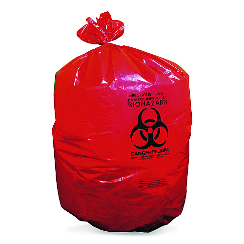 Heritage Healthcare Biohazard Printed Low-Density Can Liners, Biohazard, 45 gal, 1.3 mil, 40 x 46, Red, Flat Pack, 200/Carton (A8046PR)