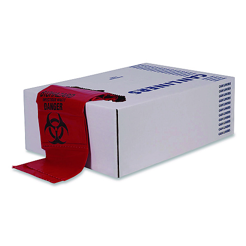 Heritage Healthcare Biohazard Printed Low-Density Can Liners, Biohazard, 45 gal, 1.3 mil, 40 x 46, Red, Flat Pack, 200/Carton (A8046PR)