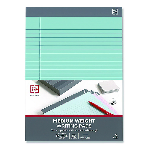 TRU RED Notepads, Wide/Legal Rule, 50 Assorted Pastel-Color 8.5 x 11.75 Sheets, 6/Pack (24419933)