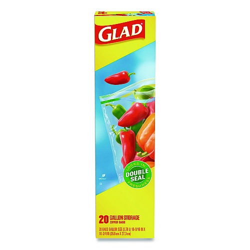 Glad Zipper Food Storage Plastic Bags, Gallon Size, 10.75 x 10.19, Clear, 20 Bags/Box, 12 Boxes/Carton (55050)
