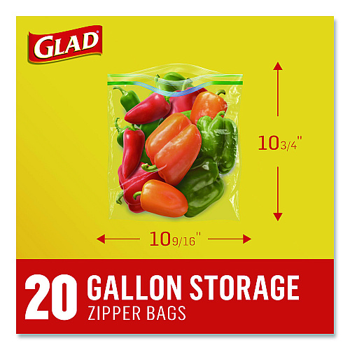 Glad Zipper Food Storage Plastic Bags, Gallon Size, 10.75 x 10.19, Clear, 20 Bags/Box, 12 Boxes/Carton (55050)