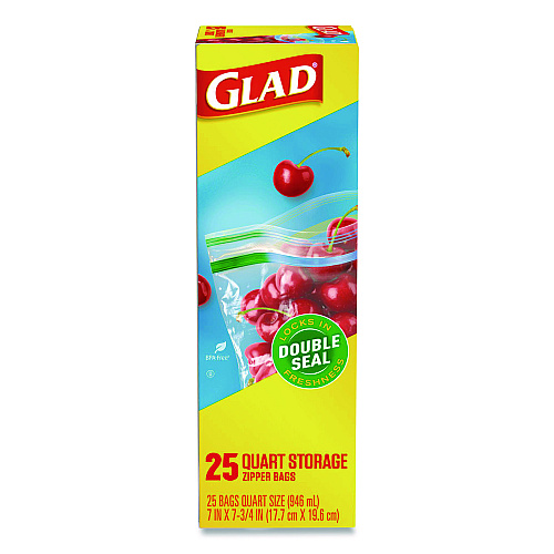 Glad Zipper Food Storage Plastic Bags, Quart Size, 7.75 x 7, Clear, 25 Bags/Box, 12 Boxes/Carton (55052)