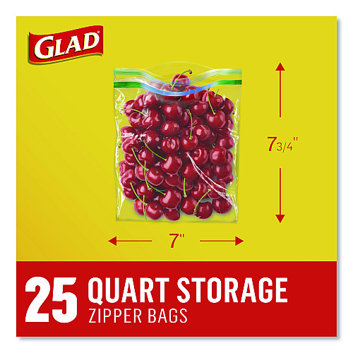 Glad Zipper Food Storage Plastic Bags, Quart Size, 7.75 x 7, Clear, 25 Bags/Box, 12 Boxes/Carton (55052)