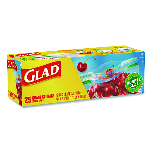 Glad Zipper Food Storage Plastic Bags, Quart Size, 7.75 x 7, Clear, 25 Bags/Box, 12 Boxes/Carton (55052)