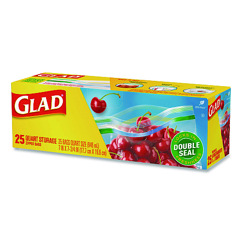 Glad Zipper Food Storage Plastic Bags, Quart Size, 7.75 x 7, Clear, 25 Bags/Box, 12 Boxes/Carton (55052)