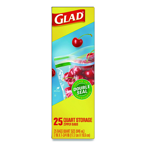 Glad Zipper Food Storage Plastic Bags, Quart Size, 7.75 x 7, Clear, 25 Bags/Box, 12 Boxes/Carton (55052)