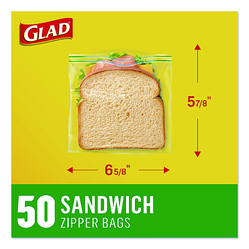 Glad Zipper Food Storage Plastic Sandwich Bags, 6.63 x 5.88, Clear, 50 Bags/Box (57263BX)