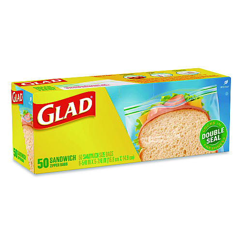 Glad Zipper Food Storage Plastic Sandwich Bags, 6.63 x 5.88, Clear, 50 Bags/Box (57263BX)