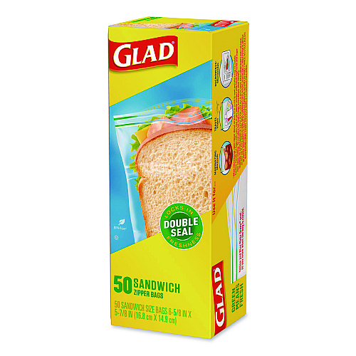 Glad Zipper Food Storage Plastic Sandwich Bags, 6.63 x 5.88, Clear, 50 Bags/Box (57263BX)