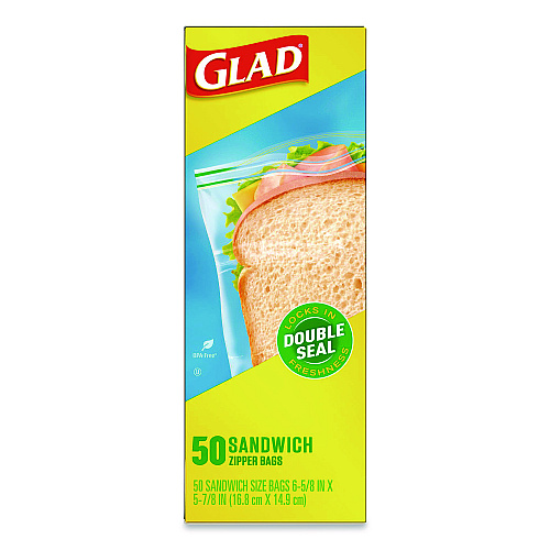 Glad Zipper Food Storage Plastic Sandwich Bags, 6.63 x 5.88, Clear, 50 Bags/Box (57263BX)