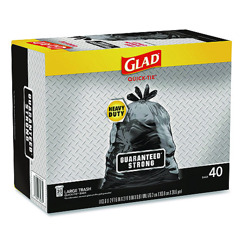 Glad Large Quick-Tie Trash Bags, Extra Strong, 30 gal, 0.81 mil, 30 x 33, Black, 40 Bags/Box, 4 Boxes/Carton (60035)