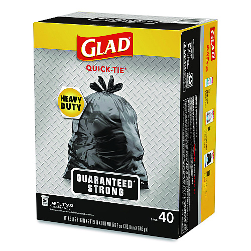 Glad Large Quick-Tie Trash Bags, Extra Strong, 30 gal, 0.81 mil, 30 x 33, Black, 40 Bags/Box, 4 Boxes/Carton (60035)