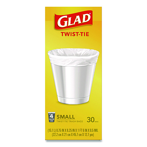 Glad Small Twist-Tie Trash Bags, 4 gal, 0.74 mil, 23 x 21.63, White, 30/Box (78817EA)