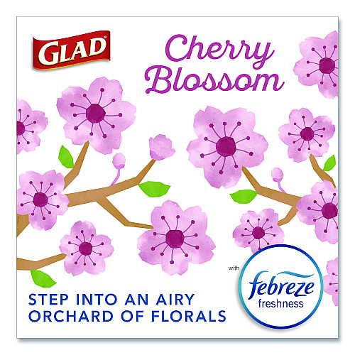 Glad OdorShield Small Drawstring Trash Bags, 4 gal, Cherry Blossom Scent, 0.5 mil, 18" x 17", Pink, 34/Box (79274)