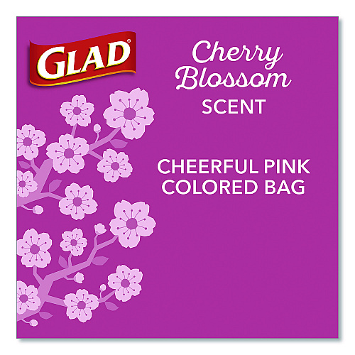 Glad OdorShield Small Drawstring Trash Bags, 4 gal, Cherry Blossom Scent, 0.5 mil, 18" x 17", Pink, 34/Box (79274)