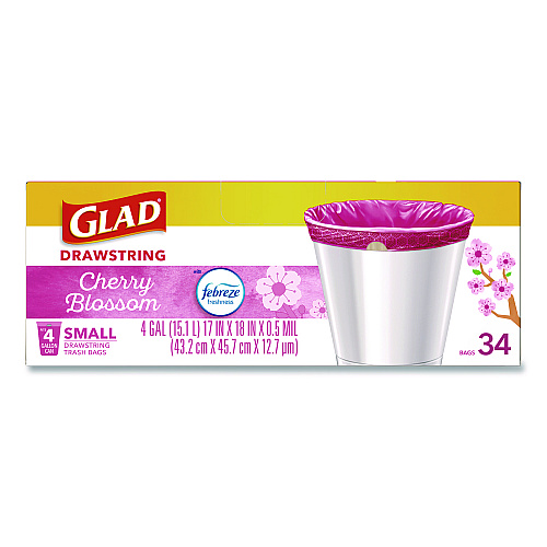 Glad OdorShield Small Drawstring Trash Bags, 4 gal, Cherry Blossom Scent, 0.5 mil, 18" x 17", Pink, 34/Box (79274)