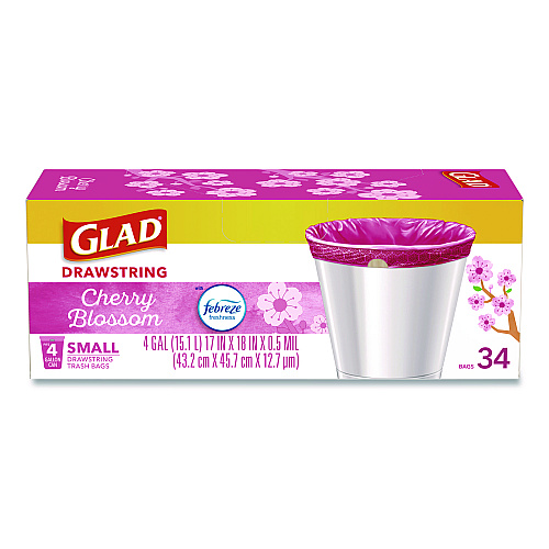 Glad OdorShield Small Drawstring Trash Bags, 4 gal, Cherry Blossom Scent, 0.5 mil, 18" x 17", Pink, 34/Box (79274)