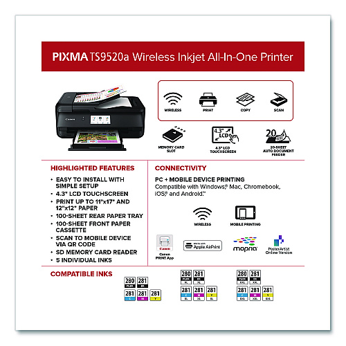 Canon PIXMA TS9520a Wireless All-in-One Inkjet Printer, Copy/Print/Scan